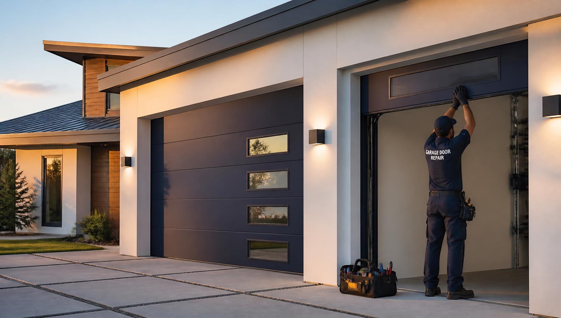 Technician servicing a modern garage door on a Lincolnwood home